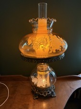 Vintage Pewter Tankard-Style Table Lamp with Hand-Painted Orange Rose Glass Shade