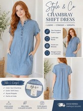 Sleeveless Chambray Denim Shift Dress with Pink Trim and Split Henley Neck — listing 5