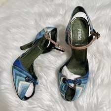 Fendi Black Suede & Gold Leather Peep-Toe Slingback Platform Heels, Size 7