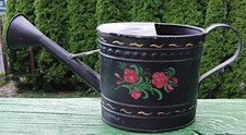 Hand-Painted Tole Metal Watering Can with Duckling and Tulip Folk Art Motif