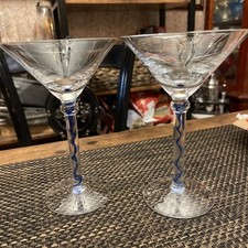 Art Glass Martini Cocktail Glass with Cobalt Blue Controlled-Bubble Ball Stem — listing 5