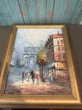 Mid-Century Parisian Street Scene Oil Painting, Bridge & Cityscape at Dusk, Signed Starts with 'N' — listing 5