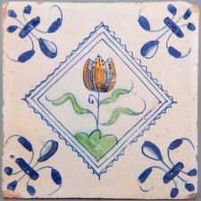 Antique Dutch Delft Polychrome Tulip Tile, Hand-Painted Tin-Glazed Earthenware, listing 4