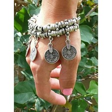 Boho Multi-Strand Charm Bib Necklace with Faux Coin Medallions, Wood Beads & Glass Stones — listing 2