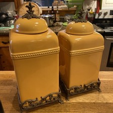 Belaverra Cream Ceramic Kitchen Canister Set with Pewter Pineapple Finials — listing 2