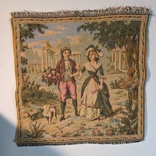 Vintage French Aubusson-Style Machine-Woven Tapestry Wall Hanging, Pastoral Courting Scene with Sheep, 19in x 55in Panel — listing 2