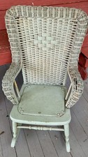 Antique Child's White Wicker Rocking Chair with Solid Wood Seat