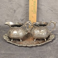 Vintage Silverplate Covered Sugar Bowl and Creamer Set with Gadroon Band and Scroll Handles — listing 5