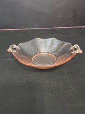 Depression Glass Clear Ribbed Handled Nappy Bowl with Star-Cut Base, 6 in