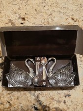 Vintage Silver Swan Open Salt Cellar with Cut Glass Body and Articulated Wings, Made in Italy Only ITALY
