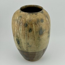 Mid-Century Studio Pottery Squat Bottle Vase with Red and Drip Glaze — listing 4