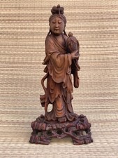 Antique Chinese Carved Wood Foo Dog / Guardian Lion with Brocade Ball on Wooden Base — listing 2