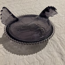 Amethyst Glass Hen on Nest Covered Dish with Hobnail Base, listing 6
