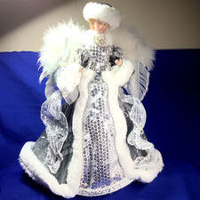 Christmas Angel Tree Topper with Porcelain Face, Real Feather Wings, Red and Gold Brocade Gown, approx 14-16 inches — listing 6