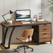 Industrial Style Single-Pedestal Writing Desk with Faux Wood Top and Black Metal Frame — listing 5