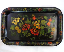 Vintage Hand-Painted Tole Serving Tray, Black with Rosemaling-Style Floral Decoration — listing 5