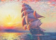 Framed Black & White Photographic Print of Tall Ship at Sunset