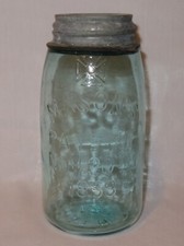 Antique Aqua Glass Mason's Patent Nov 30th 1858 Maltese Cross Fruit Jar with Crown Zinc Lid