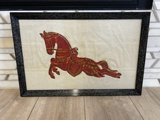 Pair of Framed Thai Temple Rubbings on Black Silk (Ramakien Warrior & Royal Barge)