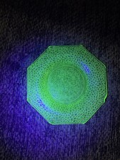 Art Deco Uranium Green Glass Octagonal Plate with Wheel-Cut Floral & Lattice Design, 10 inch — listing 2