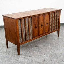 Vintage 1970s Mediterranean-Style Console Stereo Cabinet with AM/FM Radio and Record Player