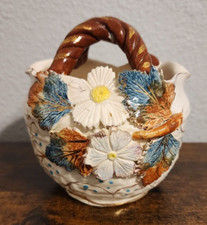 Vintage Green & Brown Drip Glaze Ceramic Basket Planter with Pine Needle Motif — listing 4