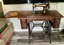 Antique Singer Treadle Sewing Machine with Cast Iron Base, Drop-Leaf Oak Table and Bentwood Cover — listing 2