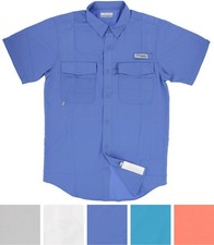 Columbia PFG Short Sleeve Fishing Camp Shirt with Barracuda/Fish Print in Rust Orange