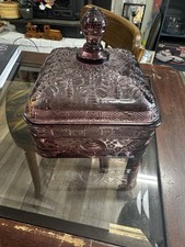Vintage Olive Green Pressed Glass Covered Candy Dish, Indiana Glass Princess Diamond Point Pattern — listing 4