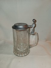 Pair of German Etched Glass Beer Steins with Hinged Pewter Lids, Elk/Stag Wildlife Motif — listing 6