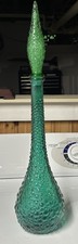 Vintage Emerald Green Diamond-Point Glass Liquor Decanter with Leather Neck Collar — listing 6