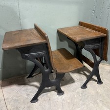 Vintage 'Silent Giant' Cast Iron & Wood School Desk with Attached Seat, Repainted Yellow with Folk Art Stenciling — listing 3