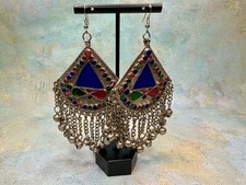 Vintage Afghan Kuchi Tribal Drop Earrings with Red Coral Glass Cabochons