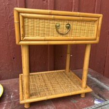 Bow-Front Demilune Side Table / Nightstand with Rattan Bamboo Frame and Woven Wicker Drawer