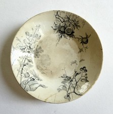 Antique Ironstone Serving Bowl with Fluted Rim and Purple Cyclamen Floral Transfer