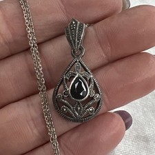 Vintage Silver-Tone Marcasite Lariat-Style Y-Drop Necklace with Teardrop Pendant — listing 6