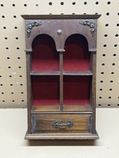 Vintage Wall-Mounted Wooden Curio Display Cabinet with Glass Door and Turned Finials — listing 4