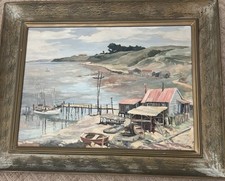 Original Oil Painting Two Figures Fishing in Boat 'Peace Like a River' Isaiah 48:18 — listing 2