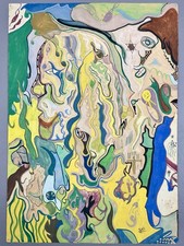 Original Signed Surrealist Portrait Painting of Blond Figure with Protruding Tongue, dated April 1999 — listing 6