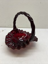 Vintage Ruby Red Glass Pinch-Sided Basket with Applied Clear Twist Handle — listing 6