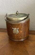 Pair of Antique English Oak Barrel-Form Biscuit Barrels with Silver-Plate Mounts — listing 2
