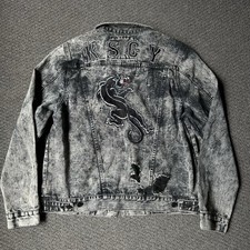 KSCY Melbourne Stonewashed Distressed Denim Trucker Jacket with Panther Embroidery, Size XL — listing 2
