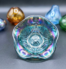 Vintage Teal Carnival Glass Iridescent Basket with Applied Handle — listing 4