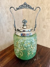 Antique Victorian Textured Glass Biscuit Barrel with Applied Green Glass Flowers and Silver-Plate Lid & Bail Handle — listing 5