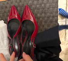 Red Patent Leather Pointed-Toe Grommet Buckle Slingback Flats, Size 39, listing 3