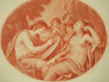 Framed Sepia/Sanguine Cherub Engraving Print in Oval Vignette — listing 2