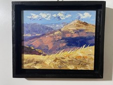 Original Folk Art Oil Painting, Mountain Landscape with Farm, Silo, Tower and Grazing Cattle — listing 2
