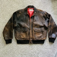 Vintage Distressed Brown Leather Bomber Flight Jacket with Patches — listing 6