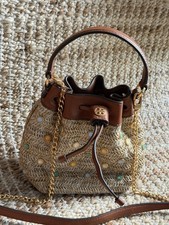 Tory Burch Metallic Gold Woven Straw & Silver Leather Chain-Strap Tote Purse