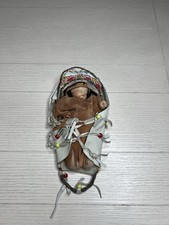 Porcelain Native American Girl Doll in Beaded White Buckskin Dress with Stand — listing 5